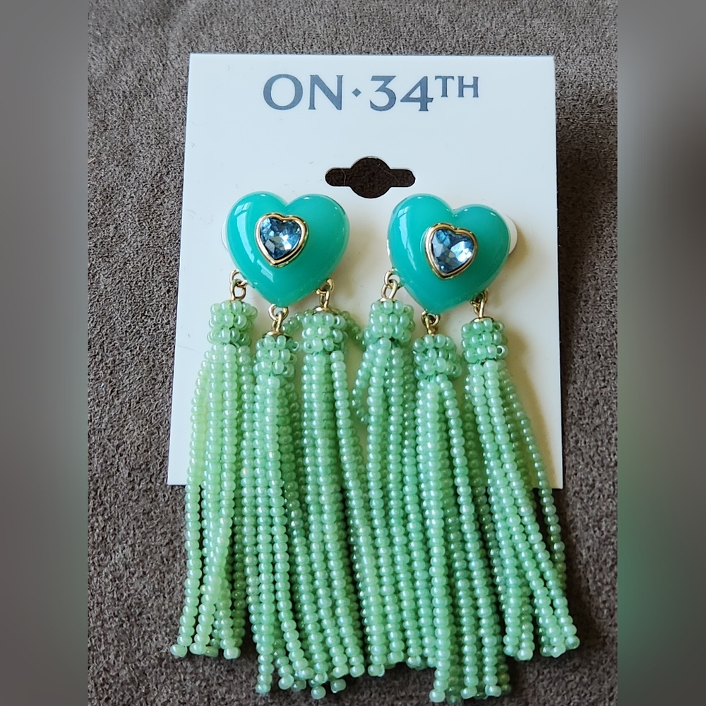 On 34th Heart Beaded Dangle Earrings NWT